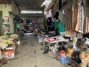 Đây là khung cảnh bên trong một con hẻm của một khu chợ có mái che. Lối đi bằng bê tông, hai bên là các gian hàng san sát nhau. Các gian hàng chủ yếu bán quần áo, với đủ loại trang phục được treo trên giá hoặc chất thành đống trên bàn. Có thể thấy áo sơ mi, áo phông, váy, quần và nhiều loại quần áo khác. Ở phía trước bên phải, có nhiều loại mũ và nón được bày bán. Ở phía trước bên trái, có một quầy hàng bán hoa quả như táo, được đựng trong các hộp carton và rổ. Trên một hộp carton màu đỏ có thể đọc được chữ 'COSMIC CRISP'. Một hộp khác phía trên có chữ Hán. Ở phía xa hơn, một người phụ nữ, có lẽ là chủ cửa hàng, đang dùng một cây sào dài để sắp xếp quần áo. Một chiếc xe đạp cũng được dựng ở cuối con hẻm. Mái nhà được lợp bằng tôn, và không gian chung trông giống như một khu chợ địa phương điển hình.。（日本語訳）。これは屋根付きの市場の一角にある路地の光景です。通路はコンクリートで、両脇には店がひしめき合っています。店は主に衣類を販売しており、あらゆる種類の服がラックに掛けられたり、テーブルの上に山積みにされたりしています。シャツ、Tシャツ、スカート、ズボンなど、さまざまな種類の衣類が見られます。右手前には、様々な種類の帽子が陳列販売されています。左手前には、リンゴなどの果物を売る店があり、段ボール箱やかごに入れられています。赤い段ボール箱には「COSMIC CRISP」という文字が読み取れます。その上にある別の箱には漢字が書かれています。奥の方では、おそらく店主であろう女性が、長い竿を使って衣類を整理しています。路地の突き当たりには自転車も一台置かれています。屋根はトタンで葺かれており、全体の空間は典型的な地元の市場のように見えます。