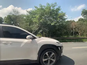 Bức ảnh ghi lại cảnh một chiếc ô tô SUV màu trắng đang di chuyển trên một con đường lớn, có thể là đường cao tốc hoặc đại lộ. Do được chụp từ một phương tiện đang chạy song song, bánh xe của chiếc ô tô và cây cối ở hậu cảnh bị mờ do chuyển động. Dọc theo con đường có hàng rào bảo vệ bằng kim loại. Phía sau hàng rào là một hàng cây xanh rậm rạp. Bầu trời trong xanh với những đám mây trắng, cho thấy thời tiết đẹp. Một cột đèn đường cũng có thể được nhìn thấy giữa những tán cây. Không có văn bản hay biển báo nào có thể đọc được trong hình ảnh.。（日本語訳）。この写真は、一台の白いSUV車が大きな道路、おそらく高速道路か大通りを走行している光景を捉えています。並走する乗り物から撮影されたため、自動車の車輪と背景の木々は動きによってぼやけています。道路に沿って金属製のガードレールがあります。ガードレールの後ろには、緑豊かな木々が並んでいます。空は青く澄み、白い雲が浮かんでおり、天気が良いことを示しています。木々の間には街灯も見えます。画像の中には、読み取れる文字や標識はありません。