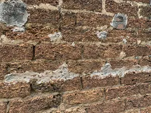 Hình ảnh chụp cận cảnh một bức tường cổ được xây bằng gạch đá ong. Các viên gạch có hình chữ nhật, màu nâu đỏ, bề mặt rất sần sùi và có nhiều lỗ rỗ, đây là đặc tính của đá ong. Giữa các viên gạch là lớp vữa xây có màu vàng nhạt. Bức tường cho thấy dấu hiệu của sự xuống cấp theo thời gian, với một số mảng vữa xi măng màu xám và trắng được trát lên, có thể là để tu bổ hoặc sửa chữa. Không có chữ viết hay hoạt động của con người trong hình ảnh.。（日本語訳）。ラテライトレンガで造られた古い壁のクローズアップ写真。レンガは長方形で、赤褐色をしており、表面は非常にざらざらで多くの穴が開いているが、これはラテライトの特徴である。レンガの間には、薄黄色のモルタル層がある。壁には経年劣化の兆候が見られ、灰色と白色のセメントモルタルのいくつかの斑点が塗りつけられているが、これは補修または修理のためかもしれない。画像には文字や人間の活動は見られない。