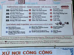Đây là hình ảnh chụp một tấm biển chỉ dẫn du lịch, có thể đặt tại làng cổ Đường Lâm, Sơn Tây. Biển báo cung cấp thông tin về các địa điểm ăn uống, tham quan và trải nghiệm văn hóa địa phương, được viết bằng cả tiếng Việt và tiếng Anh.。Nội dung văn bản được ghi lại như sau:。Tiêu đề 1: "Traditional house restaurant • Farmer's restaurant • Cafe Nhà hàng • Cà phê"。Danh sách các địa điểm:。1. Nhà ông Nguyễn Văn Hùng。2. Nhà ông Hà Hữu Thể。3. Nhà ông Hà Nguyên Huyến。4. Nhà bà Dương Thị Lan。11. Nhà ông Phan Văn Hải。12. Công ty du lịch Đường Lâm。13. Nhà bà Hà Thị Điền。14. Nhà bà Kiều Thị Tĩnh。15. Nhà bà Khanh。16. Bếp làng Đường Lâm。17. Cà phê ĐOÀI。18. Cà phê Làng。Tiêu đề 2: "Local industry study & experience Nhà có thể tham quan/có thể trải nghiệm"。Danh sách các địa điểm:。19. Nhà ông Hiền Bao (làm bánh kẹo)。20. Nhà ông Giang Vĩnh Phúc (làm chè lam, chè kho, bánh tẻ, bánh gai)。21. Nhà ông Phan Văn Thách (làm tương)。22. Điểm giới thiệu bán sản phẩm OCOP。17. Không gian sáng tạo ĐOÀI。23. Phát Studio。Phần chú giải bản đồ ở phía dưới liệt kê các địa danh:。- Chùa Mía。- Cầu thôn Cam Lâm。- Đền thờ Phùng Hưng。- Đền thờ Ngô Quyền。- Lăng Ngô Quyền。- Khu nhà Cổ Mông Phụ。- Xưởng đồ ngọt truyền thống。- Nhà thờ Mông Phụ。- Cổng làng Mông Phụ。- Rặng duối 18 cây。- Đình Mông Phụ。Dòng chữ ở cuối cùng của biển báo: "XỬ NƠI CÔNG CỘNG".。（日本語訳）。この看板は、飲食、観光、地元の文化体験の場所に関する情報を提供しており、ベトナム語と英語の両方で書かれています。記載されているテキストの内容は以下の通りです。見出し1：「Traditional house restaurant • Farmer's restaurant • Cafe Nhà hàng • Cà phê」。場所のリスト：。1. グエン・ヴァン・フン氏の家。2. ハ・フー・テー氏の家。3. ハ・グエン・フエン氏の家。4. ズオン・ティ・ランさんの家。11. ファン・ヴァン・ハイ氏の家。12. ドゥオンラム観光会社。13. ハ・ティ・ディエンさんの家。14. キエウ・ティ・ティンさんの家。15. カインさんの家。16. ドゥオンラム村の台所。17. ドアイカフェ。18. ランカフェ。見出し2：「Local industry study & experience Nhà có thể tham quan/có thể trải nghiệm」。場所のリスト：。19. ヒエン・バオ氏の家（菓子作り）。20. ザン・ヴィン・フック氏の家（チェーラム、チェーコー、バインテー、バインガイ作り）。21. ファン・ヴァン・タック氏の家（トゥオン作り）。22. OCOP製品紹介・販売所。17. ドアイ創造空間。23. ファットスタジオ。下部の地図の凡例部分には、以下の地名がリストされています。- ミア寺。- カムラム村の橋。- フン・フン祠。- ゴ・クエン祠。- ゴ・クエン陵。- モンフー古民家地区。- 伝統菓子工房。- モンフー教会。- モンフー村の門。- 18本のズオイの木の並木。- モンフー村の亭。看板の最下部にある文言：「XỬ NƠI CÔNG CỘNG」。