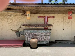 Bức ảnh chụp một khung cảnh ngoài trời, có khả năng là tại một địa điểm du lịch ở làng cổ. Phía trước một bức tường màu vàng, có kết cấu giống tường đất trộn rơm, là một quầy hàng di động được trang trí công phu. Quầy hàng này có dạng một chiếc xe đẩy bằng gỗ cũ, được chạm khắc hoa văn, có mái lợp ngói âm dương và phần đầu được tạo hình đầu trâu với cặp sừng lớn. Phía trước xe đẩy có đặt một chiếc chum sành lớn.。Trên bức tường có treo một tấm biển quảng cáo màu đỏ nổi bật, có hình dạng một chiếc áo dài. Trên biển ghi rõ các dịch vụ: 'BÁN và CHO THUÊ ÁO DÀI', 'CHECKIN LÀNG CỔ', 'PHỤ KIỆN'. Ngoài ra, trên tường còn có dòng chữ 'Đường Lâm Cổ' được tạo hình nghệ thuật và một biển nhỏ ghi 'DUONG LAM GIFT'.。Dưới mái hiên bằng tre đan, có treo hai chiếc đèn lồng (một vàng, một đỏ) và các vật trang trí hình con kiến bằng kim loại. Cảnh vật cho thấy đây là một cửa hàng cung cấp dịch vụ cho thuê trang phục truyền thống (áo dài) cho du khách chụp ảnh kỷ niệm tại làng cổ.。（日本語訳）。写真は屋外の風景を写しており、おそらく古い村の観光地で撮影されたものです。藁を混ぜた土壁のような質感の黄色い壁の前には、精巧に装飾された移動式の屋台があります。この屋台は、模様が彫られた古い木製の手押し車の形をしており、陰陽瓦で葺かれた屋根と、大きな角を持つ水牛の頭をかたどった先端部分があります。手押し車の前には、大きな陶器の壺が置かれています。壁には、アオザイの形をした目立つ赤い広告看板が掛けられています。看板には、「アオザイの販売とレンタル」、「古い村でチェックイン」、「アクセサリー」といったサービス内容がはっきりと書かれています。さらに、壁には芸術的にデザインされた「Đường Lâm Cổ」という文字と、「DUONG LAM GIFT」と書かれた小さな看板もあります。編んだ竹の軒下には、2つの提灯（黄色1つ、赤色1つ）と、金属製の蟻の形をした装飾品が吊るされています。この光景は、ここが古い村で記念写真を撮る観光客向けに、伝統衣装（アオザイ）のレンタルサービスを提供する店であることを示しています。