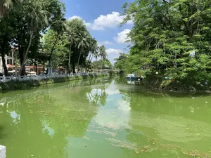 Bức ảnh chụp một con hào nước có màu xanh lục vào một ngày trời trong xanh, có mây trắng. Hai bên bờ hào được trồng rất nhiều cây xanh tươi tốt, bao gồm cả những cây dừa cao và các loại cây tán lá rộng khác. Bóng cây và mây trời in rõ trên mặt nước. Bên bờ trái là một con đường đi bộ có lan can bằng đá màu trắng. Phía sau con đường là các tòa nhà và có một vài chiếc ô tô đang đỗ. Ở phía xa, có một cây cầu bắc qua hào nước và một dây cờ tam giác nhiều màu được giăng ngang. Bên bờ phải, một chiếc thuyền du lịch nhỏ đang neo đậu gần bờ, và trên cành cây có treo nhiều chiếc đèn lồng với màu sắc đa dạng. Khung cảnh tổng thể yên bình, cho thấy đây có thể là một khu vực di tích lịch sử hoặc công viên giải trí.。（日本語訳）。青空に白い雲が浮かぶ日に撮影された、緑色の水の堀の写真です。堀の両岸には、背の高いヤシの木やその他の広葉樹など、青々とした緑の木々がたくさん植えられています。木々の影と空の雲が水面にはっきりと映っています。左岸には、白い石の手すりが付いた遊歩道があります。道の後ろには建物があり、数台の車が駐車しています。遠くには、堀を渡る橋があり、色とりどりの三角旗の列が横に張られています。右岸では、小さな観光船が岸の近くに停泊しており、木の枝には色とりどりの提灯がたくさん吊るされています。全体的な風景は穏やかで、ここが史跡地区またはレジャー公園である可能性を示しています。