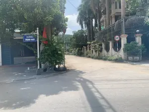 Hình ảnh chụp một con đường nhỏ, được trải nhựa hoặc bê tông, trong một khu dân cư vào một ngày nắng. Bên trái đường có một biển báo tên đường màu xanh lam với dòng chữ trắng 'ĐƯỜNG TRỊNH KHẢ', được gắn trên một cột màu trắng. Gần đó có treo một lá cờ đỏ. Hai bên đường là cây cối xanh tươi. Bên phải là một ngôi nhà lớn với hàng rào kiên cố kết hợp giữa bê tông và sắt. Dọc theo hàng rào có một biển báo giao thông hình tròn, viền đỏ, nền trắng, ghi '3.5T', cho biết giới hạn tải trọng của đường là 3.5 tấn. Phía xa có thể thấy nhiều cây xanh và bóng dáng của đồi núi. Khung cảnh vắng vẻ, yên tĩnh, không có người và phương tiện giao thông.。（日本語訳）。晴れた日の住宅街にある、アスファルトまたはコンクリートで舗装された小さな道を撮影した画像。道路の左側には、白い柱に取り付けられた、白い文字で「ĐƯỜNG TRỊNH KHẢ」と書かれた青い道路標識がある。道路の両側には青々とした木々がある。右側には、コンクリートと鉄を組み合わせた頑丈なフェンスのある大きな家がある。フェンスに沿って、赤枠に白地で「3.5T」と書かれた円形の交通標識があり、道路の重量制限が3.5トンであることを示している。人や乗り物はなく、閑静で静かな光景である。