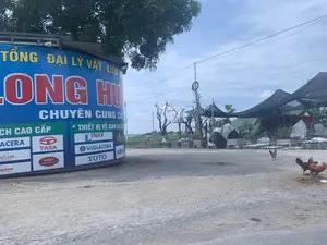 Trong ảnh là một biển quảng cáo lớn hình trụ của một tổng đại lý vật liệu xây dựng. Nội dung trên biển quảng cáo màu xanh lam có ghi: 'TỔNG ĐẠI LÝ VẬT LIỆU', tên cửa hàng 'LONG HƯ...' (chữ đỏ), 'CHUYÊN CUNG CẤP', 'GẠCH CAO CẤP' và '* THIẾT BỊ VỆ SINH CAO CẤP'. Biển quảng cáo cũng liệt kê logo của nhiều thương hiệu như VIGLACERA, TASA, INAX, TOTO, AMY MINH LONG, HUMAN, và các thương hiệu khác.。Bối cảnh là một khu vực ven đường ở vùng nông thôn. Bên phải ảnh, một vài con gà đang đi lại trên con đường đất. Phía sau là một khu vực trông giống như một vườn cây cảnh, với nhiều cây đã được cắt tỉa đặt trong các chậu lớn và một tấm lưới che nắng màu đen được giăng lên. Ở phía xa là một cánh đồng xanh dưới bầu trời có mây.。（日本語訳）。青い看板には、「TỔNG ĐẠI LÝ VẬT LIỆU」（建材総合代理店）、店名「LONG HƯ...」（赤文字）、「CHUYÊN CUNG CẤP」（専門供給）、「GẠCH CAO CẤP」（高級タイル）、そして「* THIẾT BỊ VỆ SINH CAO CẤP」（* 高級衛生設備）と書かれています。看板には、VIGLACERA、TASA、INAX、TOTO、AMY MINH LONG、HUMANなどの多くのブランドのロゴも記載されています。背景は田舎の道端です。写真の右側では、数羽の鶏が土の道を歩き回っています。その後ろには、盆栽園のような場所があり、大きな鉢に植えられた剪定済みの木々がたくさんあり、黒い日よけネットが張られています。遠くには、曇り空の下に緑の野原が広がっています。