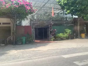 Bức ảnh chụp cảnh quan một con đường ở khu dân cư. Nổi bật trong ảnh là một ngôi nhà có cổng sắt mở. Tầng trên của ngôi nhà được bao bọc bởi một hệ thống khung sắt lớn, giống như một khu vườn hoặc chuồng trại trên cao, với nhiều chậu cây cảnh bên trong. Một lá cờ Tổ quốc Việt Nam (cờ đỏ sao vàng) được treo trên khung sắt. Bên trái là một giàn hoa giấy lớn với hoa màu hồng rực rỡ. Phía trước ngôi nhà có hàng rào bằng tôn, nhiều chậu cây cảnh, một thùng rác màu xanh lá cây và một thùng rác màu vàng. Ở phía xa bên trái, một con chó đang nằm trên vỉa hè. Con đường phía trước được trải nhựa.。（日本語訳）。住宅街のある通りの風景を撮った写真です。写真の中で目立っているのは、鉄の門が開いている一軒の家です。その家の上階は、大きな鉄骨のシステムで囲まれており、まるで空中の庭園か鳥小屋のようで、中にはたくさんの観葉植物の鉢が置かれています。ベトナム国旗（金星紅旗）が鉄骨に掲げられています。左側には、鮮やかなピンク色の花を咲かせた大きなブーゲンビリアの棚があります。家の前には、トタンの柵、たくさんの観葉植物の鉢、緑色のゴミ箱と黄色のゴミ箱があります。遠く左側では、一匹の犬が歩道に寝そべっています。前の道はアスファルトで舗装されています。