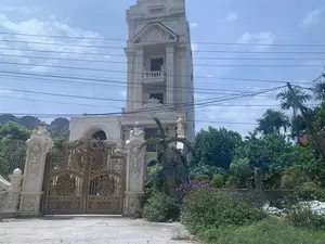 Bức ảnh chụp một ngôi biệt thự lớn, nhiều tầng với kiến trúc kiểu lâu đài hoặc tân cổ điển. Ngôi nhà được sơn màu trắng ngà, có một tòa tháp cao, các ban công và được trang trí bằng nhiều hoa văn, phào chỉ tinh xảo. Phía trước là một bộ cổng lớn bằng kim loại sơn màu vàng đồng, với các chi tiết trang trí cầu kỳ và các cột trụ lớn hai bên. Xung quanh ngôi nhà có nhiều cây xanh, bao gồm cây cọ, và các bụi cây có hoa màu tím. Phía sau có thể nhìn thấy dãy núi dưới bầu trời xanh có mây. Một mạng lưới dây điện chằng chịt vắt ngang qua khung cảnh. Không có hoạt động nào của con người được ghi lại và không có văn bản nào có thể đọc được.。（日本語訳）。写真には、城郭風または新古典主義建築の大きな多層階の邸宅が写っている。家はアイボリーホワイトに塗られ、高い塔、バルコニーがあり、多くの精巧な模様やモールディングで装飾されている。正面には、ブロンズゴールドに塗られた大きな金属製の門があり、凝った装飾と両側に大きな柱がある。家の周りには、ヤシの木を含む多くの緑の木々と、紫色の花が咲く低木がある。複雑に絡み合った電線の網が風景を横切っている。人間の活動は記録されておらず、読み取れるテキストもない。