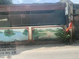 Bức ảnh chụp cảnh một con đường nhựa, bên cạnh là một ngôi nhà có bức tường rào được trang trí công phu. Trên bức tường này có hai bức tranh tường lớn vẽ phong cảnh. Bức tranh bên trái mô tả một hòn đảo nhỏ có nhà và cây cối nằm giữa hồ nước, với những con chim đang bay lượn. Bức tranh bên phải vẽ cảnh sông nước, núi non và hai con hươu ở phía trước. Ngôi nhà có mái tôn màu đỏ và hàng rào lưới sắt. Ở phía bên phải của bức ảnh, có một cột điện bê tông với nhiều dây điện và công tơ điện. Một lá cờ đỏ được treo trên cột điện này. Có một vài chữ và số trên cột điện, bao gồm "1.1", nhưng một số khác khó đọc. Gần đó, có một tấm biển hiệu màu xanh lá cây của một cửa hàng, trên đó có chữ "Yến" và một phần số điện thoại "ĐT: 034...". Không có hoạt động nào của con người được ghi lại trong ảnh.。（日本語訳）。写真はアスファルトの道の光景を写しており、その隣には精巧に装飾された塀のある家が一軒ある。この塀には、風景を描いた二つの大きな壁画がある。左側の絵は、湖の真ん中に位置する家と木々のある小さな島を描写しており、鳥たちが飛び回っている。右側の絵は、川、山々、そして手前にいる二頭の鹿の光景を描いている。その家には赤いトタン屋根と金網のフェンスがある。写真の右側には、多くの電線と電気メーターが付いたコンクリートの電柱が一本ある。電柱には「1.1」を含むいくつかの文字と数字があるが、他は読みづらい。その近くには、ある店の緑色の看板があり、そこには「Yến」という文字と「ĐT: 034...」という電話番号の一部が書かれている。写真には人間の活動は一切記録されていない。