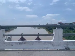 Bức ảnh được chụp từ trên một cây cầu, nhìn ra một con sông rộng có nước màu nâu đục. Ở phía trước là lan can của cây cầu, bao gồm phần bê tông sơn trắng và tay vịn bằng kim loại màu xám. Hai bên bờ sông là cây cối xanh tươi. Ở phía xa, có thể thấy một khu dân cư với những ngôi nhà mái ngói đỏ, một công trình kiến trúc màu trắng và một cột ăng-ten viễn thông. Có một vài chiếc thuyền hoặc sà lan đang neo đậu ven bờ. Bầu trời trong xanh, có mây trắng, cho thấy thời tiết đẹp. Khung cảnh yên bình, không có hoạt động rõ rệt của con người.。（日本語訳）。写真は橋の上から撮影されたもので、濁った茶色の水が流れる広い川を見渡しています。手前には橋の欄干があり、白く塗られたコンクリート部分と灰色の金属製の手すりで構成されています。川の両岸には青々とした木々があります。遠くには、赤い瓦屋根の家々、白い建築物、そして通信アンテナ塔がある住宅地が見えます。岸辺には数隻の船またははしけが停泊しています。空は青く、白い雲があり、天気が良いことを示しています。穏やかな光景で、はっきりとした人の活動は見られません。