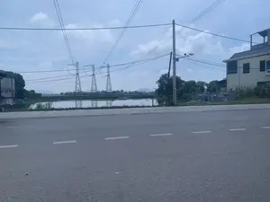 Đây là một khung cảnh ven đường ở một vùng nông thôn. Ở phía trước là một con đường nhựa với vạch kẻ đường màu trắng. Bên kia đường là một cái ao lớn, có thể là ao nuôi trồng thủy sản. Phía sau ao là những hàng cây xanh và các cột điện cao thế bằng kim loại trải dài. Ở phía xa có thể nhìn thấy những dãy núi mờ. Bên phải bức ảnh là một ngôi nhà nhiều tầng, một cột điện bê tông có gắn camera an ninh, và một khu đất trống có các chồng vật liệu xây dựng (có thể là gạch hoặc đá phiến). Một phần của một chiếc xe tải có thể được nhìn thấy ở rìa trái của bức ảnh. Bầu trời có nhiều mây. Không có hoạt động rõ ràng của con người, cảnh vật tĩnh lặng.。（日本語訳）。これは、ある田舎の道端の光景です。手前には、白い車線が引かれたアスファルトの道があります。道の向こう側には大きな池があり、養殖池かもしれません。池の後ろには、緑の木々の列と、金属製の高圧電線の鉄塔が連なっています。遠くには、霞んだ山々が見えます。写真の右側には、多層階の家、防犯カメラが取り付けられたコンクリートの電柱、そして建築資材（レンガかスレートかもしれません）の山がある空き地があります。写真の左端にトラックの一部が見えます。空は雲が多いです。はっきりとした人の活動はなく、景色は静かです。