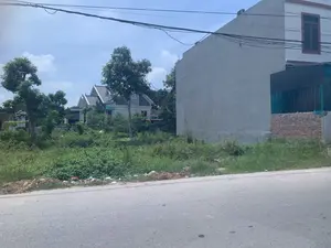 Bức ảnh chụp một khung cảnh ven đường ở một khu vực dường như là ngoại ô hoặc nông thôn. Phía trước là một con đường nhựa. Bên cạnh đường là một khu đất trống mọc đầy cỏ dại và cây cối, có một ít rác thải ở rìa đường. Ở bên phải, có một ngôi nhà lớn với bức tường bên hông bằng bê tông xám, chưa được sơn hoàn thiện. Phía dưới bức tường này có một phần xây bằng gạch đỏ và hàng rào tôn. Nhìn ra xa hơn ở phía sau khu đất trống là những ngôi nhà kiểu biệt thự với kiến trúc hiện đại, mái lợp ngói màu xám. Bầu trời trong xanh, có vài gợn mây và bị cắt ngang bởi nhiều đường dây điện màu đen. Không có người hay hoạt động nào rõ rệt đang diễn ra.。（日本語訳）。写真は、郊外か田舎と思われる地域の道端の風景を撮ったものです。手前にはアスファルトの道があります。道の隣には雑草や木々が生い茂る空き地があり、道端には少しゴミがあります。右側には、灰色のコンクリート製の側壁を持つ大きな家があり、まだ塗装が完了していません。この壁の下には、赤レンガで造られた部分とトタンの塀があります。空き地の後ろ、さらに遠くを見ると、現代的な建築様式の、灰色の瓦屋根を持つヴィラ風の家々が見えます。空は青く澄んでおり、いくつかの筋雲があり、多くの黒い電線によって横切られています。人や、何かはっきりとした活動が行われている様子はありません。