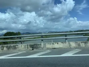 Bức ảnh ghi lại khung cảnh nhìn từ một phương tiện đang di chuyển trên một cây cầu hoặc đường cao tốc. Ở tiền cảnh là mặt đường nhựa có vạch kẻ và dải phân cách bê tông với lan can kim loại. Nhìn qua lan can là một vùng sông nước rộng lớn, bao gồm các đầm, ao có khả năng được sử dụng để nuôi trồng thủy sản. Phía xa là cảnh quan nông thôn đặc trưng với cây xanh, các khu nhà ở hoặc nhà xưởng, cột điện cao thế và dãy núi trập trùng dưới bầu trời xanh và nhiều mây trắng. Không có bất kỳ văn bản hay chữ viết nào trong ảnh.。（日本語訳）。写真は、橋または高速道路を走行中の乗り物から見た風景を記録したものです。前景には、車線が引かれたアスファルトの路面と、金属製の手すりが付いたコンクリートの中央分離帯があります。手すりの向こうには広大な水域が広がっており、水産養殖に使われている可能性のある沼や池が含まれています。遠方には、緑の木々、住宅地または工場、高圧電線の鉄塔、そして青い空と多くの白い雲の下に広がる起伏のある山々といった、典型的な田園風景が広がっています。写真にはいかなるテキストや文字もありません。