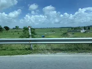 Bức ảnh chụp một khung cảnh nông thôn ở Việt Nam, nhìn từ một phương tiện đang di chuyển. Ở tiền cảnh là một lan can đường bộ bằng kim loại. Phía sau lan can là một cánh đồng lúa xanh rộng lớn. Trên cánh đồng, có ít nhất hai người nông dân đang làm việc. Một người mặc áo xanh đang cúi người, và một người khác đội nón lá đang làm việc gần một khu lăng mộ. Khu lăng mộ được xây tường bao quanh với các công trình kiến trúc bằng đá. Ngoài ra, trên cánh đồng còn có một vật thể được che phủ bởi một tấm bạt màu xanh lam. Ven đường có một cọc tiêu sọc đỏ trắng nhưng các ký hiệu trên đó bị mờ và không thể đọc được. Bầu trời trong xanh với nhiều mây trắng.。（日本語訳）。ベトナムの田園風景を、移動中の乗り物から撮影した写真です。手前には金属製の道路のガードレールがあります。ガードレールの後ろには、広大な緑の田んぼが広がっています。田んぼでは、少なくとも2人の農民が作業をしています。青い服を着た一人がかがんでおり、もう一人はノンラー（菅笠）をかぶり、墓地の近くで作業をしています。その墓地は、石造りの建造物がある壁で囲まれています。また、田んぼには青い防水シートで覆われた物体があります。道端には赤と白の縞模様の標柱がありますが、その上の記号はぼやけていて読むことができません。空は青く澄んでおり、白い雲がたくさん浮かんでいます。