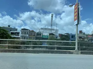 Bức ảnh chụp một khung cảnh đô thị từ trên một cây cầu vào một ngày nắng. Phía trước là mặt đường và lan can cầu. Nhìn qua lan can là một dãy các tòa nhà phố nhiều tầng với kiến trúc đa dạng. Trong số đó, nổi bật là một tòa nhà lớn màu trắng có ghi chữ "DAI VIET PALACE". Một tấm biển hiệu màu xanh lá cây quảng cáo "NƯỚC UỐNG TINH KHIẾT TÂN HIỀN" cùng số điện thoại "ĐT: 0918.463.564" cũng có thể được nhìn thấy. Ở bên phải, một cột đèn có treo tấm phướn dọc màu đỏ của "VNPT", tuy nhiên chữ trên đó bị mờ. Phía sau các tòa nhà có một cột ăng-ten viễn thông cao. Bầu trời trong xanh với nhiều mây trắng. Cảnh vật cho thấy một góc phố điển hình ở một thành phố tại Việt Nam.。（日本語訳）。晴れた日に橋の上から撮影された都市の風景写真です。手前には路面と橋の欄干があります。欄干越しには、多様な建築様式の多層階のタウンハウスが並んでいます。その中で、「DAI VIET PALACE」と書かれた大きな白い建物が目立っています。「TÂN HIỀN 純粋飲料水」と電話番号「ĐT: 0918.463.564」を広告する緑色の看板も見えます。右側には、「VNPT」の赤い縦長の垂れ幕が吊るされた街灯柱がありますが、その上の文字はぼやけています。建物の後ろには、高い通信アンテナの鉄塔があります。空は青く澄んでおり、白い雲がたくさん浮かんでいます。この風景は、ベトナムのある都市の典型的な街角を示しています。