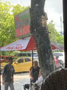 Trên biển hiệu điện tử có các chữ và số được tạo thành từ đèn LED: số '62' màu đỏ, chữ có thể là 'LÔ ĐỀ' màu xanh dương và chữ 'THÀNH HƯNG' màu đỏ. Trên chiếc ô lớn màu đỏ và trắng có in dòng chữ 'BIA HÀ NỘI'.。Bối cảnh là một con đường, có thể là trước một quán nước hoặc cửa hàng ven đường. Hình ảnh được chụp từ trong nhà nhìn ra ngoài. Có một thân cây to ở gần, được quấn quanh bằng dây đèn trang trí. Dưới tán ô 'BIA HÀ NỘI' là một nhóm vài người đàn ông đang tụ tập, có vẻ như đang ngồi nghỉ hoặc trò chuyện. Phía sau họ là những chiếc xe ô tô đang đỗ, trong đó nổi bật là một chiếc xe màu vàng. Phía xa có nhiều cây xanh và một cột thu phát sóng viễn thông.。（日本語訳）。電光掲示板には、LEDライトで構成された文字と数字があります。赤色の数字「62」、青色の文字（おそらく「LÔ ĐỀ」）、そして赤色の文字「THÀNH HƯNG」です。赤と白の大きなパラソルには、「BIA HÀ NỘI」という文字が印刷されています。背景は道路で、おそらく道端の飲み物屋か店の前です。写真は家の中から外を見て撮影されたものです。近くに大きな木の幹があり、装飾用のイルミネーションライトが巻き付けられています。「BIA HÀ NỘI」のパラソルの下には、数人の男性のグループが集まっており、休憩しているか、おしゃべりをしているようです。彼らの後ろには駐車している車があり、その中で黄色い車が目立っています。遠くにはたくさんの緑の木々と、通信用の電波塔があります。