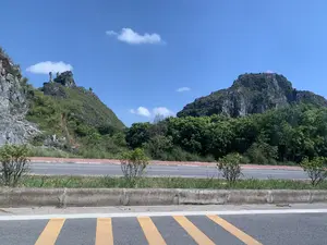 Bức ảnh chụp một khung cảnh ven đường vào một ngày nắng đẹp. Phía trước là một phần của con đường nhựa có vạch kẻ đường màu vàng. Bên kia đường là một vỉa hè lát gạch đỏ và một hàng cây bụi nhỏ. Nổi bật trong khung cảnh là hai ngọn núi đá vôi (karst) hùng vĩ được bao phủ bởi cây cối xanh tươi. Trên đỉnh ngọn núi bên trái có một khối đá với hình dáng đặc biệt, trông giống hình người, đây có thể là di tích Hòn Vọng Phu ở Thanh Hóa. Ngọn núi bên phải cũng rậm rạp cây xanh. Bầu trời trong xanh với vài đám mây trắng. Không có người hay hoạt động cụ thể nào diễn ra. Không có văn bản hay chữ viết nào có thể đọc được trong ảnh.。（日本語訳）。写真は、ある晴れた日の道端の風景を写したものです。手前には、黄色い車線が引かれたアスファルトの道路の一部が見えます。道路の向こう側には、赤レンガで舗装された歩道と、低い茂みの列があります。風景の中で際立っているのは、青々とした木々に覆われた二つの雄大な石灰岩（カルスト）の山です。左側の山の頂上には、人の姿に似た特別な形をした岩塊があり、これはタインホア省のホン・ヴォン・フー（夫を待つ岩）の遺跡かもしれません。右側の山も緑の木々で鬱蒼としています。空は青く澄み渡り、白い雲がいくつか浮かんでいます。人や特定の活動は見られません。写真の中には、読み取れるテキストや文字はありません。