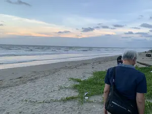 Khung cảnh tại một bãi biển vào lúc hoàng hôn hoặc bình minh. Bầu trời có mây, pha trộn giữa màu xanh, xám và những vệt màu cam nhạt ở phía chân trời. Biển có sóng đang vỗ vào bờ cát. Ở cận cảnh, một người đàn ông lớn tuổi tóc bạc, nhìn từ phía sau, đang đứng trên bãi biển. Ông mặc áo phông màu xanh lam và đeo một chiếc túi chéo màu đen có chữ 'PROFESSIONAL'. Trên bãi cát có những vạt cây rau muống biển màu xanh và một ít rác. Ở phía xa hơn, có thể thấy một vài bánh xe, có thể là của xe kéo thuyền, và một khúc gỗ. Hoạt động chính là một người đang đi dạo hoặc ngắm cảnh biển.。（日本語訳）。夕暮れ時または夜明け時のビーチの光景。空は曇っており、青、灰色、そして地平線には薄いオレンジ色の筋が混ざり合っている。海には波が砂浜に打ち寄せている。前景には、後ろから見た白髪の年配の男性がビーチに立っている。彼は青いTシャツを着て、「PROFESSIONAL」という文字が入った黒い斜め掛けバッグを身につけている。砂の上には緑色のハマヒルガオの茂みと、少量のゴミがある。主な活動は、一人の人物が散歩しているか、あるいは海の景色を眺めていることである。