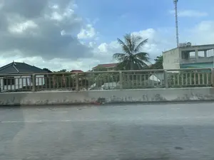 Hình ảnh được chụp từ một phương tiện đang di chuyển trên một cây cầu hoặc đường trên cao, nhìn ra quang cảnh khu dân cư. Phía trước là lan can cầu bằng bê tông và kim loại. Bên kia lan can, có thể thấy nhiều ngôi nhà, bao gồm một ngôi nhà màu trắng với mái ngói sẫm màu và một tòa nhà bê tông cũ hơn. Một cây dừa mọc nổi bật giữa các công trình. Trên nóc một tòa nhà có một cột ăng-ten viễn thông và một bồn chứa nước. Bầu trời trong xanh với nhiều mây trắng và xám. Do ảnh được chụp khi đang di chuyển nên phần đường và lan can ở gần bị mờ. Không có hoạt động nào của con người được ghi lại rõ ràng. Không có văn bản hay chữ viết nào có thể đọc được.。（日本語訳）。前方には、コンクリートと金属でできた橋の欄干がある。建物の中に一本のヤシの木が目立って生えている。ある建物の屋上には、通信アンテナの柱と貯水タンクがある。空は青く、白や灰色の雲が多く浮かんでいる。画像は移動中に撮影されたため、手前の道路と欄干の部分はぼやけている。人間の活動は明確には記録されていない。読み取れるテキストや文字はない。