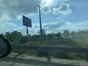 Bức ảnh được chụp từ bên trong một chiếc ô tô đang di chuyển, nhìn ra khung cảnh bên đường. Có một biển báo giao thông màu xanh lam với chữ trắng ghi 'CẦU BÚT SƠN' và 'Km 221+577 QL.10'. Điều này cho biết địa điểm là cầu Bút Sơn, tại km 221+577 trên Quốc lộ 10. Cảnh quan là một vùng nông thôn với nhiều cây cối xanh tươi và một cột điện bê tông lớn. Bên đường có lan can bảo vệ bằng kim loại. Phía xa là những cánh đồng và cây cối. Bầu trời trong xanh, có nắng và nhiều mây trắng. Một phần gương chiếu hậu của ô tô có thể được nhìn thấy ở góc dưới bên trái.。（日本語訳）。写真は移動中の車内から撮影されたもので、道端の風景が見えます。「CẦU BÚT SƠN」と「Km 221+577 QL.10」と白字で書かれた青い交通標識があります。これは、場所が国道10号線の221km+577地点にあるブットソン橋であることを示しています。風景は、緑豊かな木々と大きなコンクリートの電柱がある田園地帯です。道端には金属製のガードレールがあります。遠くには田畑と木々があります。空は青く澄んでおり、晴れていて白い雲がたくさん浮かんでいます。左下の角に車のサイドミラーの一部が見えます。