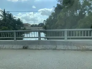 Bức ảnh được chụp từ trên một cây cầu, nhìn ra một con sông hoặc kênh rạch. Ở phía trước là mặt đường nhựa và lan can cầu bằng bê tông với tay vịn kim loại. Bên kia sông là bờ kè bê tông. Phía xa có một tòa nhà lớn có mái ngói đỏ và một cột phát sóng viễn thông cao. Cảnh vật xung quanh có nhiều cây xanh, bao gồm cả cây dừa và lùm tre. Mặt nước sông phẳng lặng, phản chiếu bầu trời trong xanh có mây. Không có hoạt động nào của con người được nhìn thấy rõ, ngoại trừ việc bức ảnh được chụp từ một phương tiện đang di chuyển. Không có văn bản hay chữ viết nào có thể nhận dạng được.。（日本語訳）。写真は橋の上から撮影されたもので、川または運河を見渡しています。手前にはアスファルトの路面と、金属製の手すりが付いたコンクリート製の橋の欄干があります。川の向こう側はコンクリートの護岸です。遠くには、赤い瓦屋根の大きな建物と、高い通信塔があります。周囲の景色には、ヤシの木や竹やぶなど、多くの緑の木々があります。川の水面は穏やかで、雲のある青い空を映しています。写真が移動中の乗り物から撮影されたことを除いて、人間の活動ははっきりと見えません。認識できるテキストや文字はありません。