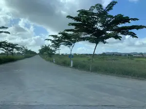 Bức ảnh ghi lại khung cảnh một con đường bê tông vắng vẻ ở vùng nông thôn hoặc ngoại ô. Con đường thẳng và kéo dài về phía chân trời. Hai bên đường được trồng cây xanh, những tán cây bên phải dường như đang bị gió thổi, tạo cảm giác chuyển động. Bên phải con đường là một cánh đồng cỏ rộng lớn, phía xa là những ngôi nhà dân và một dãy núi thấp. Bầu trời trong xanh, có nhiều mây trắng. Dọc theo lề đường bên phải, có một biển báo giao thông màu xanh với biểu tượng cấm đỗ xe (chữ P màu trắng trong vòng tròn đỏ có gạch chéo), nhưng phần chữ phụ bên dưới không thể đọc rõ. Gần biển báo còn có các cột mốc bê tông nhỏ màu trắng. Không có người hay phương tiện nào xuất hiện trên đường, tạo nên một không gian yên bình.。（日本語訳）。写真は、田舎または郊外にある人けのないコンクリートの道の風景を捉えている。道はまっすぐで、地平線に向かって伸びている。道の両側には緑の木が植えられており、右側の木々の梢は風に吹かれているようで、動きを感じさせる。空は青く澄んでおり、白い雲が多く浮かんでいる。右側の路肩に沿って、駐車禁止のシンボル（赤い円の中に斜線の入った白いPの文字）が付いた青い交通標識があるが、その下の補助的な文字ははっきりと読めない。標識の近くには、白い小さなコンクリートの標柱もある。道には人や乗り物は見当たらず、穏やかな空間を作り出している。