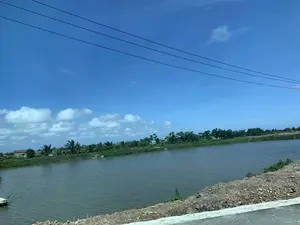 Bức ảnh chụp một khung cảnh vùng nông thôn ven sông hoặc đầm nước vào một ngày nắng đẹp. Bầu trời trong xanh, có ít mây trắng và các đường dây điện chạy ngang qua. Ở trung tâm là một vùng nước rộng, có thể là một con sông hoặc một đầm nuôi trồng thủy sản, với mặt nước khá tĩnh lặng. Bên kia bờ là một dải đất xanh tươi với nhiều cây cối, bao gồm cả cây dừa, và một vài ngôi nhà dân. Ở phía dưới bên trái của bức ảnh, có một phần của một chiếc thuyền nhỏ (ghe) đang đậu sát bờ. Bờ kè ở phía gần máy ảnh được làm bằng đất và đá, trông giống như một công trình đường bộ hoặc đê điều đang được xây dựng. Không có hoạt động rõ rệt nào của con người, khung cảnh mang vẻ yên bình của một làng quê. Không có bất kỳ chữ viết hay biển hiệu nào có thể đọc được.。（日本語訳）。写真は、晴れた日の川沿いまたは沼地の田園風景を写したものです。空は青く澄み、白い雲が少しあり、電線が横切っています。中央には広い水域があり、それは川か養殖池のようで、水面はかなり穏やかです。対岸には、ヤシの木を含む多くの木々が生い茂る緑豊かな土地と、数軒の民家があります。写真の左下には、岸に接して停泊している小さな船（ゲ）の一部が見えます。カメラに近い側の岸壁は土と石でできており、建設中の道路工事または堤防のように見えます。人の明確な活動はなく、風景は田舎の村の穏やかな趣を呈しています。読み取れる文字や看板は一切ありません。