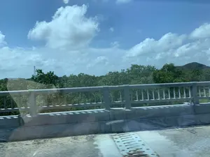 Bức ảnh được chụp từ một phương tiện đang di chuyển, có thể là ô tô, khi đi qua một cây cầu. Ở phía trước là lan can cầu bằng kim loại màu xám và mặt đường bê tông. Nhìn qua lan can là một khung cảnh thiên nhiên với rất nhiều cây cối xanh tươi, rậm rạp. Phía xa là những ngọn đồi được cây cối bao phủ. Bầu trời trong xanh, có nhiều mây trắng, cho thấy đây là một ngày nắng. Có thể nhìn thấy một cột tháp bằng kim loại, có thể là cột phát sóng, ở phía xa giữa những lùm cây. Có một vài vệt phản chiếu trên cửa sổ kính của xe.。（日本語訳）。この写真は、橋を渡っている時に、移動中の乗り物、おそらく自動車から撮影されたものです。手前には、灰色の金属製の橋の欄干とコンクリートの路面があります。欄干の向こうには、青々と生い茂る多くの木々がある自然の風景が広がっています。遠くには、木々で覆われた丘があります。空は青く、白い雲が多く浮かんでおり、晴れた日であることがわかります。遠くの木々の間に、金属製の塔、おそらくは電波塔が見えます。車のガラス窓に、いくつかの反射の筋があります。