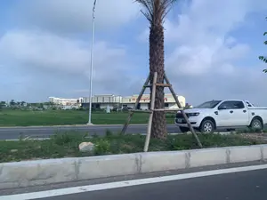 Quang cảnh ven một con đường lớn, được chụp từ một phương tiện đang di chuyển. Bên đường có một chiếc xe bán tải màu trắng đang đỗ. Phía sau xe là một cánh đồng lúa xanh. Ở phía xa là các tòa nhà công nghiệp, nhà xưởng. Trên một tòa nhà có một tấm biển lớn với dòng chữ màu đỏ 'NHÀ MÁY SẢN XUẤT TH...', phần còn lại của văn bản bị che khuất bởi một cây cọ mới trồng ở dải phân cách. Bầu trời có mây xanh.。（日本語訳）。大通り沿いの光景で、移動中の乗り物から撮影されたものです。道端には白いピックアップトラックが1台駐車しています。車の後ろには緑の田んぼが広がっています。遠くには工業用の建物や工場が見えます。ある建物には「NHÀ MÁY SẢN XUẤT TH...」という赤い文字が書かれた大きな看板がありますが、文字の残りの部分は中央分離帯に新しく植えられたヤシの木に隠されています。青い空に雲があります。