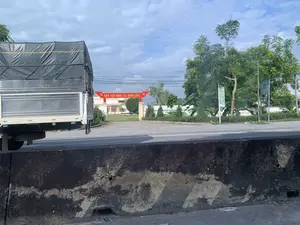 Bức ảnh chụp một khung cảnh ven đường, có thể được chụp từ một phương tiện đang di chuyển. Ở tiền cảnh là một dải phân cách bằng bê tông. Phía bên trái là phần đuôi của một chiếc xe tải được phủ bạt màu đen. Ở phía bên kia đường là một cổng chào lớn màu đỏ với dòng chữ vàng "SÂN VẬN ĐỘNG XÃ ĐỊNH LIÊN", bên trái có biểu tượng búa liềm và bên phải có ngôi sao. Phía sau cổng là một tòa nhà hai tầng màu vàng, là "TRUNG TÂM VĂN HÓA - THỂ THAO XÃ ĐỊNH LIÊN". Xung quanh có nhiều cây xanh và bầu trời có mây.。（日本語訳）。写真は道端の風景を写したもので、移動中の乗り物から撮影された可能性があります。手前にはコンクリート製の中央分離帯があります。左側には黒い幌で覆われたトラックの後部があります。道路の向こう側には、黄色い文字で「SÂN VẬN ĐỘNG XÃ ĐỊNH LIÊN」と書かれた大きな赤い歓迎ゲートがあり、左側には鎌と槌のシンボル、右側には星があります。ゲートの後ろには黄色い2階建ての建物があり、それは「TRUNG TÂM VĂN HÓA - THỂ THAO XÃ ĐỊNH LIÊN」です。周りには多くの緑の木々があり、空は曇っています。