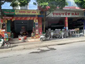 Bức ảnh chụp khung cảnh hai cửa hàng kinh doanh liền kề nhau ven một con đường. Bên trái là một cửa hàng tạp hóa và bên phải là một cửa hàng điện máy.。1.  **Cửa hàng bên trái (Hàng tạp hóa):**。*   **Chữ viết:** Trên biển hiệu có ghi "ĐẠI LÝ Nam Lan", "ĐT: 0979 498 831" và "HÀNG TẠP HÓA" liệt kê các mặt hàng "BÁNH KẸO - BIA RƯỢU - NƯỚC NGỌT - CHÈ - THUỐC LÁ...". Có các biểu ngữ quảng cáo Tết của hãng Orion với dòng chữ "Tết có Orion, nhà có Tết, An".。*   **Hoạt động và vật thể:** Đây là một cửa hàng tạp hóa đang mở cửa. Bên trong có một người đàn ông và một người phụ nữ đang ngồi. Hàng hóa được trưng bày bao gồm các gói đồ ăn vặt, các hộp bánh kẹo (Custas, Gouté), và các túi lớn chứa hàng khô. Một chiếc xe máy kiểu cũ màu trắng đang đỗ một phần phía trước.。2.  **Cửa hàng bên phải (Cửa hàng điện máy):**。*   **Chữ viết:** Biển hiệu lớn ghi tên cửa hàng "THUYẾT HẢI". Thông tin địa chỉ "Đ/C: PHỐ KIỂU - YÊN TRƯỜNG - YÊN ĐỊNH" và số điện thoại "ĐT: 0373.843.216", "DĐ: 0945.676.909". Trên cột nhà có chữ "TỦ LẠNH", "MÁY GIẶT". Bên trong có thể thấy tên các thương hiệu như "SAMSUNG", "SONY", "Panasonic".。*   **Hoạt động và vật thể:** Đây là một cửa hàng bán đồ điện tử, điện gia dụng. Rất nhiều quạt điện mới, đủ loại, còn bọc trong túi nhựa, được bày bán trên vỉa hè. Một chiếc xe tay ga màu bạc đang đỗ giữa hai cửa hàng.。（日本語訳）。写真は、ある道沿いに隣接する2つの店舗の光景を写しています。左側は雑貨店で、右側は電器店です。1.  **左側の店舗（雑貨店）：**。*   **文字：**看板には「ĐẠI LÝ Nam Lan」（ナムラン代理店）、「ĐT: 0979 498 831」（電話番号）、「HÀNG TẠP HÓA」（雑貨）と書かれており、「BÁNH KẸO - BIA RƯỢU - NƯỚC NGỌT - CHÈ - THUỐC LÁ...」（菓子 - ビール・酒 - ソフトドリンク - 茶 - タバコ...）といった商品がリストアップされています。オリオン社のテト（旧正月）の広告バナーがあり、「Tết có Orion, nhà có Tết, An」（オリオンがあればテトがある、家にテトがある、安心）という文言が書かれています。*   **活動と物体：**これは営業中の雑貨店です。店内には男性と女性が一人ずつ座っています。陳列されている商品には、スナック菓子の袋、菓子箱（カスタード、グーテ）、乾物が入った大きな袋などがあります。白い旧式のバイクが店の前に一部駐車されています。2.  **右側の店舗（電器店）：**。*   **文字：**大きな看板には店名「THUYẾT HẢI」（トゥエット・ハイ）と書かれています。住所情報「Đ/C: PHỐ KIỂU - YÊN TRƯỜNG - YÊN ĐỊNH」（住所：イエンディン県イエンチュオン社キエウ通り）と電話番号「ĐT: 0373.843.216」（固定電話）、「DĐ: 0945.676.909」（携帯電話）が記載されています。建物の柱には「TỦ LẠNH」（冷蔵庫）、「MÁY GIẶT」（洗濯機）と書かれています。店内には「SAMSUNG」、「SONY」、「Panasonic」などのブランド名が見えます。*   **活動と物体：**これは電子機器、家電製品を販売する店です。非常に多くの新品の扇風機が、様々な種類で、ビニール袋に包まれたまま歩道に陳列販売されています。銀色のスクーターが2つの店舗の間に駐車されています。