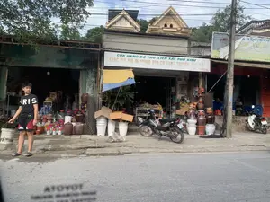 Bối cảnh là một con phố ở Việt Nam, có khả năng thuộc huyện Yên Định, tỉnh Thanh Hóa, với các cửa hàng mặt tiền. Một cửa hàng ở trung tâm có biển hiệu lớn ghi 'CỬA HÀNG ĐỒ THỜ LIÊN XÂY PHỐ KIỂU', chuyên cung cấp các dịch vụ như 'KHẮC BIA MỘ, IN MỪNG THỌ, CỜ TANG, TRUYỀN ẢNH ĐÁ' và có số điện thoại 'ĐT: - 515 274'. Số nhà là '159'. Một biển hiệu khác bị rách bên cạnh có ghi '...Yên Định, Thanh Hóa'. Phía trước cửa hàng bày bán rất nhiều đồ gốm sứ như chum, vại, chậu cây. Một cậu bé mặc áo phông đen có chữ 'PARIS' đang đứng trên vỉa hè, tay xách một chiếc xô. Có hai chiếc xe máy đang đỗ gần đó. Phía sau là một ngôi nhà có phần mái ghi năm '2012'. Cảnh vật còn bao gồm cây cối và một cột điện với nhiều dây điện chằng chịt. Dưới cùng của ảnh có chữ 'ATOYOT' bị mờ, có thể là hình ảnh phản chiếu từ bên trong ô tô.。（日本語訳）。背景はベトナムのある通りで、タインホア省イエンディン県にある可能性が高く、商店が立ち並んでいます。中央にある一軒の店には「CỬA HÀNG ĐỒ THỜ LIÊN XÂY PHỐ KIỂU」と書かれた大きな看板があり、「墓石彫刻、長寿祝い印刷、葬儀用の旗、石への写真転写」といったサービスを専門に提供しており、電話番号は「ĐT: - 515 274」です。番地は「159」です。隣にある別の破れた看板には「...イエンディン、タインホア」と書かれています。店の前には、甕（かめ）、壺、植木鉢など、多くの陶磁器が並べられています。「PARIS」という文字が入った黒いTシャツを着た一人の少年が歩道に立っており、手にはバケツを提げています。近くに2台のバイクが停まっています。後ろには、屋根の部分に「2012」年と記された一軒の家があります。風景にはさらに木々や、多くの電線が絡み合った一本の電柱も含まれています。写真の最下部には、ぼやけた「ATOYOT」という文字があり、車内からの反射像である可能性があります。