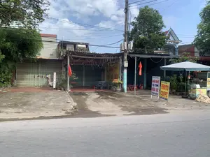 Khung cảnh ven đường tại một khu dân cư ở Việt Nam, có nhiều nhà cửa và cửa hàng san sát nhau. Các cửa hàng dường như đang đóng cửa, với cửa cuốn bằng kim loại được kéo xuống. Có nhiều biển hiệu quảng cáo có thể đọc được. Một biển hiệu lớn màu vàng trên tường của một quán ăn ghi: 'BÁNH CUỐN CHÁO CÁ VỊT', 'CHÁO VỊT', 'THỎ - DÊ - MÈO'. Một biển hiệu dọc màu trắng ghi 'BÁNH CUỐN'. Ở bên phải, có một biển hiệu màu trắng quảng cáo các dịch vụ của cửa hàng 'Tân Lương' bao gồm 'GIẢI KHÁT', 'VÁ XĂM', 'RỬA XE', 'THAY DẦU', và một biển hiệu màu vàng ghi 'PHOTO COPPY'. Phía trước các cửa hàng có đặt bàn ghế nhựa màu đỏ. Một chiếc xe đẩy bán nước mía với đống bã mía bên cạnh cũng có mặt. Cảnh vật còn bao gồm cây xanh, một cột điện với hệ thống dây điện phức tạp, và một vài lá cờ đỏ được treo.。（日本語訳）。ベトナムのある住宅街の道端の風景で、多くの家や店が隣り合っている。店は閉まっているようで、金属製のシャッターが下ろされている。読み取れる広告看板が多数ある。ある飲食店の壁にある大きな黄色い看板には、「BÁNH CUỐN CHÁO CÁ VỊT」、「CHÁO VỊT」、「THỎ - DÊ - MÈO」と書かれている。白い縦長の看板には「BÁNH CUỐN」と書かれている。右側には、「Tân Lương」店のサービスを宣伝する白い看板があり、それには「GIẢI KHÁT」、「VÁ XĂM」、「RỬA XE」、「THAY DẦU」が含まれており、また「PHOTO COPPY」と書かれた黄色い看板もある。サトウキビジュースを売る屋台と、その横にあるサトウキビの搾りかすの山もある。風景には他に、緑の木々、複雑な配線の電柱、そして掲げられたいくつかの赤い旗も含まれている。