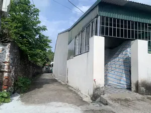 Bức ảnh chụp một con hẻm nhỏ và hẹp được bê tông hóa trong một khu dân cư. Bên phải là một ngôi nhà có tường sơn trắng, mái lợp tôn màu xanh và hàng rào sắt. Lối vào nhà được che bởi một tấm bạt lớn có sọc xanh, trắng và đỏ. Một vòi nước nhỏ được gắn ở góc tường bên ngoài. Bên trái là một bức tường gạch cũ kỹ, bám rêu, chạy dọc theo con hẻm. Phía trên bức tường có nhiều cây cối xanh tươi. Bầu trời trong xanh, quang đãng. Khung cảnh yên tĩnh, không có người qua lại hay hoạt động nào đang diễn ra. Không có bất kỳ văn bản hay biển hiệu nào trong ảnh.。（日本語訳）。写真は、住宅街にあるコンクリートで舗装された狭い路地を写したものです。右側には、白い塗装の壁、青いトタン屋根、そして鉄の柵がある家があります。家の入り口は、青、白、赤の縞模様の大きな防水シートで覆われています。外壁の角には小さな蛇口が取り付けられています。左側には、路地に沿って続く、苔むした古いレンガの壁があります。壁の上には、青々とした木々がたくさんあります。空は青く澄み渡っています。静かな光景で、通行人や行われている活動はありません。写真には、いかなる文字や看板もありません。