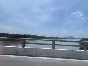 Bức ảnh được chụp từ trên một cây cầu, nhìn ra khung cảnh một con sông rộng lớn. Ở phía trước là lan can cầu bằng bê tông màu trắng và các thanh chắn kim loại. Bên dưới là dòng sông có màu nước đục. Bờ sông bên kia có nhiều cây cối xanh tươi rậm rạp. Ở phía xa, có thể thấy một cột điện cao thế và những dãy núi. Bầu trời trong xanh và có mây. Trên mặt sông có một vật thể nhỏ, có thể là một chiếc thuyền hoặc một cái phao.。（日本語訳）。写真は橋の上から撮影されたもので、広大な川の景色を望んでいます。手前には、白いコンクリートの橋の欄干と金属製の手すりがあります。下には、濁った色の川が流れています。対岸には、青々とした木々が鬱蒼と茂っています。遠くには、高圧電線の鉄塔と山々が見えます。空は青く、雲があります。川面には小さな物体があり、それは船かブイかもしれません。