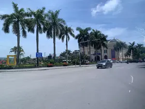 Bản ghi văn bản: Trên biển báo màu xanh có ghi 'QUẢNG TRƯỜNG LAM SƠN / LAM SON SQUARE'. Một biển báo khác có chữ 'HƯỚNG TRƯỜNG...' và 'LAM SƠN' nhưng phần trên khó đọc. Trên băng rôn treo ở tòa nhà lớn có ghi 'LIÊN HOAN PHÁT THANH TOÀN QUỐC LẦN THỨ XVI - 2024'.。Mô tả cảnh vật và hoạt động: Bức ảnh chụp một khung cảnh đường phố vào ban ngày tại khu vực Quảng trường Lam Sơn, thành phố Thanh Hóa.。- Loại địa điểm: Đây là một quảng trường công cộng và một con đường lớn. Phía sau là một tòa nhà lớn, bề thế với kiến trúc tân cổ điển, có thể là một nhà hát hoặc trung tâm văn hóa.。- Hoạt động cụ thể: Các phương tiện giao thông như ô tô và xe máy đang di chuyển trên đường. Tòa nhà lớn đang treo băng rôn quảng bá cho sự kiện 'Liên hoan Phát thanh Toàn quốc'.。- Các vật thể trong ảnh: Nhiều cây cọ cao được trồng dọc theo dải phân cách hoặc công viên. Có các ghế đá công cộng, đèn giao thông, và các biển báo. Trong khu vực quảng trường có các vật trang trí nghệ thuật như một khung ảnh lớn màu vàng và một biểu tượng trái tim màu đỏ. Bầu trời trong xanh, có ít mây.。（日本語訳）。テキスト記録：青い看板には「QUẢNG TRƯỜNG LAM SƠN / LAM SON SQUARE」と書かれています。別の看板には「HƯỚNG TRƯỜNG...」と「LAM SƠN」という文字がありますが、上の部分は読みにくいです。大きな建物に掲げられた横断幕には「LIÊN HOAN PHÁT THANH TOÀN QUỐC LẦN THỨ XVI - 2024」と書かれています。風景と活動の説明：この写真は、タインホア市のラムソン広場エリアにおける昼間の街の風景を撮影したものです。- 場所の種類：ここは公共の広場と大きな道路です。後方には、新古典主義建築の壮大で大きな建物があり、劇場または文化センターである可能性があります。- 具体的な活動：自動車やバイクなどの交通手段が道路を移動しています。大きな建物には、「全国ラジオフェスティバル」のイベントを宣伝する横断幕が掲げられています。- 写真の中の物体：中央分離帯や公園に沿って、多くの高いヤシの木が植えられています。公共の石のベンチ、信号機、看板があります。広場エリアには、大きな黄色の額縁や赤いハートのシンボルなど、芸術的な装飾物があります。空は青く澄んでおり、雲はほとんどありません。