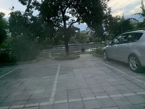 Bối cảnh là một bãi đỗ xe được lát gạch vuông, nằm cạnh một con sông hoặc kênh rạch. Phía trước là các ô đỗ xe được phân chia bằng vạch kẻ trắng. Một chiếc ô tô 5 chỗ màu bạc đang đỗ ở phía bên phải của hình ảnh. Ở giữa, phía sau một cái cây lớn, có một người đang ngồi ở các bậc thang dẫn xuống mép nước. Người này mặc áo tối màu, dường như đang thực hiện một hoạt động nào đó dưới nước, có thể là giặt giũ hoặc câu cá. Một lan can kim loại chạy dọc theo bờ sông để đảm bảo an toàn. Phía xa, bên kia bờ sông, có thể thấy các tòa nhà và nhiều cây xanh. Bầu trời có mây, cho thấy thời điểm chụp là vào lúc sáng sớm hoặc chiều tối. Không có văn bản hay biển hiệu nào có thể nhận dạng được.。（日本語訳）。背景は、川または運河の隣にある、四角いタイルで舗装された駐車場です。手前には、白線で区切られた駐車スペースがあります。画像の右側には、銀色の5人乗り自動車が駐車しています。中央、大きな木の後ろには、水際へと続く階段に一人の人が座っています。この人は暗い色の服を着ており、水中で何らかの活動、おそらく洗濯か魚釣りをしているようです。安全確保のため、川岸に沿って金属製の手すりが設置されています。遠くの対岸には、建物や多くの緑の木々が見えます。空は曇っており、撮影された時間帯が早朝か夕方であることを示しています。認識できる文字や看板はありません。