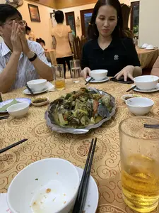 Bối cảnh là một bữa ăn tối trong nhà, có thể là tại một nhà hàng. Một nhóm người đang quây quần bên bàn ăn. Món ăn chính được đặt ở giữa bàn là một đĩa lớn bằng kim loại đựng món cá om dưa, với cá, dưa cải muối chua, cà chua và các loại rau thơm. Trên bàn còn có nhiều bát sứ trắng, đũa, cốc thủy tinh đựng bia và nước lọc, cùng các bát nhỏ đựng nước chấm. Một người đàn ông đeo kính mặc áo sơ mi kẻ sọc và một người phụ nữ mặc áo phông đen đang ngồi tại bàn ăn. Ở phía sau, có thể thấy nhân viên phục vụ và các khách hàng khác.。（日本語訳）。背景は屋内の夕食で、レストランかもしれません。あるグループが食卓を囲んでいます。テーブルの中央に置かれたメインディッシュは、魚、高菜の漬物、トマト、そして各種ハーブが入った魚と高菜の煮込み料理を盛り付けた大きな金属製の皿です。テーブルの上には、たくさんの白い陶器の碗、箸、ビールや水が入ったガラスのコップ、そしてつけダレを入れる小鉢もあります。眼鏡をかけ、ストライプのシャツを着た男性と、黒いTシャツを着た女性が食卓に座っています。後方には、店員や他の客が見えます。