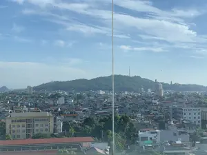 Bức ảnh chụp toàn cảnh một thành phố, có thể là thành phố Thanh Hóa, nhìn từ trên cao vào một ngày trời trong xanh. Khung cảnh bao gồm một khu đô thị dày đặc với vô số nhà ở và các tòa nhà có kiến trúc đa dạng, mái nhà có nhiều màu sắc như đỏ và xám. Xen kẽ giữa các công trình là cây xanh. Nổi bật ở phía sau là một ngọn đồi lớn, rậm rạp cây cối, trên đỉnh có một tháp viễn thông cao. Ở phía xa hơn, có thể nhìn thấy một công trình kiến trúc giống như chùa trên một ngọn đồi khác. Một tòa nhà lớn màu vàng với lá cờ Việt Nam được treo phía trước cũng có thể được nhìn thấy. Không có văn bản hoặc chữ viết nào có thể đọc được. Toàn cảnh thể hiện một không gian đô thị yên bình.。（日本語訳）。晴れた日に上空から撮影された、ある都市（おそらくタインホア市）の全景写真です。風景には、無数の住宅と多様な建築様式の建物が密集する都市部が含まれており、屋根は赤や灰色など様々な色をしています。建造物の間には緑の木々が点在しています。後方には、木々が鬱蒼と茂る大きな丘が際立っており、その頂上には高い通信塔があります。さらに遠くには、別の丘の上に寺院のような建築物が見えます。前面にベトナム国旗が掲げられた大きな黄色い建物も見えます。読み取れるテキストや文字はありません。全景は、平和な都市空間を表しています。