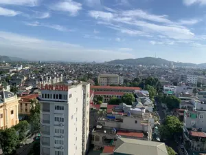 Đây là một bức ảnh chụp toàn cảnh một khu vực đô thị từ trên cao, có khả năng là thành phố Thanh Hóa. Khung cảnh cho thấy một thành phố đông đúc với nhiều tòa nhà san sát nhau. Ở tiền cảnh, có một tòa nhà cao tầng màu trắng với dòng chữ "LAN ANH" màu đỏ trên nóc. Các tòa nhà xung quanh có độ cao và kiến trúc đa dạng, nhiều ngôi nhà có mái ngói màu đỏ hoặc mái tôn. Trên sân thượng của các tòa nhà, có thể nhìn thấy các bồn chứa nước bằng kim loại và máy nước nóng năng lượng mặt trời. Cây xanh được trồng xen kẽ giữa các khu nhà. Ở phía xa là những ngọn đồi và núi được cây cối bao phủ. Trên một ngọn đồi có thể thấy một cột ăng-ten hoặc tháp truyền thông. Bầu trời trong xanh, có mây, cho thấy thời tiết đẹp. Trên đường phố có thể thấy lác đác vài chiếc ô tô và xe máy, phản ánh hoạt động giao thông thường ngày.。（日本語訳）。これは上空から撮影された都市部のパノラマ写真で、おそらくタインホア市だと思われます。景色は、多くの建物が密集している混雑した都市を示しています。前景には、屋上に赤い文字で「LAN ANH」と書かれた白い高層ビルがあります。周囲の建物は高さも建築様式も様々で、多くの家は赤い瓦屋根またはトタン屋根です。建物の屋上には、金属製の貯水タンクや太陽熱温水器が見えます。住宅街の間には緑の木々が点在して植えられています。遠くには木々に覆われた丘や山々があります。ある丘の上には、アンテナの柱か通信塔が見えます。空は青く澄んでおり、雲があり、天気が良いことを示しています。通りには数台の自動車やバイクがまばらに見られ、日常の交通状況を反映しています。