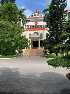 Bức ảnh chụp một tòa nhà lớn, bề thế, dường như là một trụ sở cơ quan nhà nước hoặc tòa nhà hành chính. Tòa nhà có màu trắng, với một cầu thang rộng ở trung tâm dẫn lên lối vào chính. Trên đỉnh tòa nhà có một mái vòm và một cột cờ đang treo lá cờ đỏ sao vàng của Việt Nam. Trên mặt tiền, phía trên lối vào, có gắn Quốc huy nước Cộng hòa Xã hội Chủ nghĩa Việt Nam. Ngay bên dưới là một băng rôn màu đỏ với khẩu hiệu chữ vàng: 'NƯỚC CỘNG HÒA XÃ HỘI CHỦ NGHĨA VIỆT NAM MUÔN NĂM'. Khuôn viên xung quanh tòa nhà có nhiều cây xanh tươi tốt như cây cọ, cây tùng và các cây cảnh bonsai được cắt tỉa cẩn thận đặt trong chậu. Phía trước là một khoảng sân rộng trải nhựa. Không có người hay hoạt động nào diễn ra trong ảnh.。（日本語訳）。写真には、大きく堂々とした建物が写っており、政府機関の本部または行政庁舎のようです。建物は白色で、中央には正面玄関へと続く広い階段があります。建物の頂上にはドームがあり、ベトナムの金星紅旗が掲げられた旗竿があります。正面玄関の上には、ベトナム社会主義共和国の国章が取り付けられています。そのすぐ下には、「ベトナム社会主義共和国万歳」という黄色い文字のスローガンが書かれた赤い横断幕があります。建物の周りの敷地には、ヤシの木、松の木、そして鉢に植えられ丁寧に手入れされた盆栽などの青々とした緑の木々がたくさんあります。正面にはアスファルトで舗装された広い庭があります。写真の中には人や活動の様子は見られません。