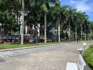 Bức ảnh chụp một không gian công cộng, có thể là công viên hoặc một đại lộ ở thành phố Thanh Hóa vào một ngày nắng đẹp. Ở phía trước là một lối đi bộ rộng được lát gạch hoa văn, có đặt vài chiếc ghế đá màu trắng. Trên lưng một chiếc ghế đá có thể nhìn thấy dòng chữ "Sacombank" màu xanh. Bên kia lối đi bộ là một con đường nhỏ có vạch kẻ dành cho người đi bộ. Tiếp đến là một dải cỏ xanh được trồng một hàng cây cọ cao, thẳng tắp. Xen kẽ giữa hàng cây là những cột đèn đường trang trí. Phía sau hàng cây là một con đường khác, nơi có nhiều ô tô và xe máy đang đỗ. Có một vài quầy hàng rong nhỏ bán hàng dưới những chiếc ô che nắng. Phía sau cùng là các tòa nhà dân sinh và công sở. Hoạt động trong ảnh chủ yếu là cảnh sinh hoạt đô thị thường ngày, với xe cộ đậu ven đường và một vài người đang đứng hoặc ngồi gần các quầy hàng.。（日本語訳）。写真は、晴れた日のタインホア市の公園か大通りと思われる公共空間を撮影したものです。手前には、模様のあるタイルが敷かれた広い歩道があり、白い石のベンチがいくつか置かれています。石のベンチの一つには、青い文字で「Sacombank」という文字が見えます。歩道の向こう側には、横断歩道のある小さな道があります。その次には、まっすぐに高く伸びるヤシの木が一列に植えられた緑の芝生の帯があります。並木の間には、装飾的な街灯が点在しています。並木の後ろには別の道があり、そこには多くの自動車やバイクが駐車しています。日よけの傘の下で商品を売っている小さな露店がいくつかあります。一番後ろには、住宅やオフィスビルがあります。写真の中の活動は、主に日常的な都市の生活風景で、道端に駐車している車両や、露店の近くに立ったり座ったりしている数人の人々がいます。