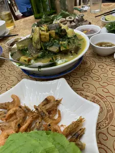 Bức ảnh chụp cận cảnh một bàn ăn thịnh soạn với nhiều món ăn Việt Nam. Ở phía trước là một đĩa sứ trắng hình chiếc lá đựng món tôm rang. Ở giữa bàn là một tô canh lớn, có vẻ là món lươn om chuối đậu, bên trong có các miếng lươn, chuối xanh, đậu phụ rán và nhiều loại rau thơm. Xung quanh tô canh là các bát nước chấm nhỏ, trong đó có một bát trông giống mắm tôm pha với ớt và một bát nước mắm, cùng với một đĩa nhỏ đựng chanh. Ở phía sau, có thể thấy một đĩa dồi hoặc lòng luộc, một chai bia màu xanh lá cây có nhãn hiệu 'Trúc Bạch', một cốc bia đá và một cốc nước lọc. Toàn bộ bàn ăn được trải trên một chiếc khăn trải bàn màu vàng có hoa văn. Khung cảnh cho thấy một bữa ăn đang diễn ra, có thể là một buổi tụ tập tại nhà hàng hoặc gia đình.。（日本語訳）。多くのベトナム料理が並んだ豪華な食卓のクローズアップ写真です。手前には、葉の形をした白い磁器の皿にエビの炒め物が盛られています。テーブルの中央には大きなスープの鉢があり、タウナギと青バナナ、豆腐の煮込み料理のようです。中にはタウナギの切り身、青バナナ、揚げ豆腐、そして多くの香草が入っています。スープの鉢の周りには小さなたれの小鉢がいくつかあり、その中には唐辛子を混ぜたマムトム（エビの発酵調味料）のような小鉢とヌクマム（魚醤）の小鉢、そしてライムが乗った小皿があります。奥には、ゾイ（ベトナム風ソーセージ）または茹でた内臓の皿、「Trúc Bạch」というブランド名の緑色のビールの瓶、氷入りのビールのグラス、そして水のグラスが見えます。食卓全体は、模様のある黄色いテーブルクロスの上に敷かれています。この光景は食事の最中であることを示しており、レストランまたは家庭での集まりかもしれません。