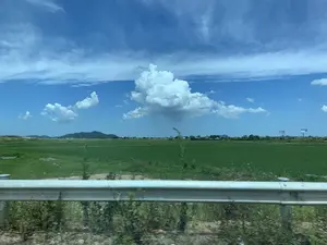 Bức ảnh chụp phong cảnh vùng nông thôn, có vẻ như được chụp từ một chiếc xe đang di chuyển. Ở phía trước là một lan can đường bằng kim loại. Phía sau lan can là một cánh đồng lúa xanh rộng lớn. Ở phía xa là những dãy núi, nhà cửa và một vài biển quảng cáo nhưng không thể đọc rõ chữ. Bầu trời trong xanh với những đám mây trắng.。（日本語訳）。田舎の風景を撮った写真で、移動中の車から撮られたようです。手前には金属製のガードレールがあります。ガードレールの後ろには広大な緑の田んぼが広がっています。遠くには山々、家々、そしていくつかの広告看板がありますが、文字ははっきりと読めません。空は青く澄み渡り、白い雲が浮かんでいます。