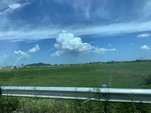 Bức ảnh được chụp từ bên trong một chiếc xe đang di chuyển, nhìn ra khung cảnh vùng nông thôn. Ở tiền cảnh là lan can bảo vệ ven đường. Phía sau lan can là một cánh đồng nông nghiệp rộng lớn, xanh mướt. Ở phía xa, có thể thấy những ngôi nhà dân, một ngọn núi và một con đường lớn, có thể là đường cao tốc, với các cột đèn đường. Có một biển báo giao thông màu xanh nhưng không thể đọc rõ chữ. Bầu trời trong xanh với những đám mây trắng.。（日本語訳）。この写真は移動中の車内から撮影されたもので、田園風景を望んでいます。前景には、道路脇のガードレールがあります。ガードレールの後ろには、広大で青々とした農地が広がっています。遠くには、民家、山、そして街灯のある大きな道路、おそらく高速道路が見えます。青い交通標識がありますが、文字ははっきりと読み取れません。空は青く澄んでおり、白い雲が浮かんでいます。