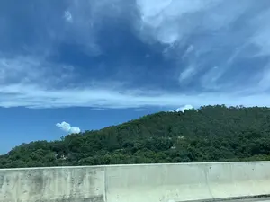 Bức ảnh chụp phong cảnh nhìn từ một con đường hoặc cây cầu. Ở phía trước là một dải phân cách bằng bê tông, cho thấy ảnh có thể được chụp từ một phương tiện đang di chuyển. Phía sau là một ngọn đồi lớn được bao phủ bởi cây cối xanh tươi. Có một vài ngôi nhà nằm rải rác trên sườn đồi, ẩn mình giữa những tán cây. Bầu trời trong xanh với những đám mây trắng. Không có hoạt động cụ thể nào của con người được thể hiện rõ. Không có chữ viết nào trong ảnh.。（日本語訳）。道路か橋から見た風景写真です。手前にはコンクリート製の中央分離帯があり、移動中の乗り物から撮影された可能性を示唆しています。後方には、青々とした木々に覆われた大きな丘があります。丘の中腹には、木々の間に隠れるように数軒の家が点在しています。空は青く澄み渡り、白い雲が浮かんでいます。特定の人間活動は明確には写っていません。写真の中に文字はありません。