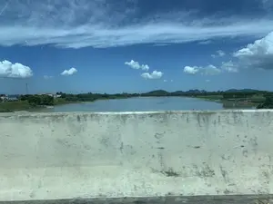 Bức ảnh chụp phong cảnh một vùng quê, nhìn từ trên một phương tiện đang di chuyển, có thể là ô tô đang đi trên cầu. Ở phía trước là một lan can bê tông màu trắng, bị mờ do chuyển động. Phía sau lan can là một con sông hoặc hồ nước rộng, mặt nước phẳng lặng. Bầu trời trong xanh với nhiều mây trắng. Ở bờ bên kia của sông là cảnh làng quê với những ngôi nhà, cây cối xanh tươi và những ngọn đồi nhấp nhô ở phía xa. Không có hoạt động cụ thể nào của con người được ghi lại rõ ràng.。（日本語訳）。移動中の乗り物、おそらく橋を渡っている車から見た、ある田舎の風景を撮った写真。手前には白いコンクリートの欄干があり、動きによってぼやけている。欄干の後ろには広い川か湖があり、水面は穏やかだ。空は青く、白い雲がたくさん浮かんでいる。川の対岸には、家々や青々とした木々、そして遠くには起伏のある丘がある田舎の村の風景が広がる。人間の具体的な活動ははっきりと記録されていない。