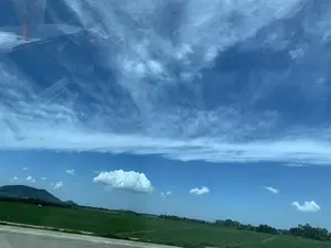 Bức ảnh được chụp từ bên trong một chiếc xe đang di chuyển, nhìn ra khung cảnh bên ngoài. Phong cảnh là một vùng nông thôn với những cánh đồng lúa xanh bát ngát. Ở phía xa có những dãy núi. Bầu trời trong xanh, có nhiều mây trắng với các hình dạng khác nhau. Trên cửa kính có hình ảnh phản chiếu của nội thất xe và bàn tay người. Không có văn bản hay chữ viết nào có thể đọc được trong ảnh.。（日本語訳）。写真は移動中の車内から外の景色を撮影したものです。風景は、広大な緑の田んぼが広がる田園地帯です。遠くには山々があります。空は青く澄んでおり、様々な形の白い雲がたくさん浮かんでいます。窓ガラスには、車内と人の手の反射が映っています。写真には読み取れるテキストや文字はありません。