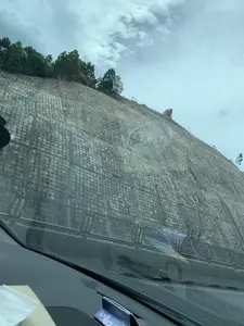 Bức ảnh được chụp từ bên trong một chiếc ô tô, nhìn ra một bờ kè bê tông khổng lồ được xây dựng để gia cố sườn đồi ven đường. Bờ kè này được lắp ghép từ nhiều khối bê tông hình vuông. Đây dường như là một đoạn đường cao tốc đi qua khu vực đồi núi. Phía trên đỉnh đồi có cây cối xanh tốt. Đặc biệt, ở phía xa trên đỉnh kè, có thể nhìn thấy một phần đầu của một bức tượng lớn màu nâu đỏ, có thể là tượng Phật hoặc một vị thần. Dọc theo con đường, có một hàng rào lan can bằng kim loại để đảm bảo an toàn. Một biển báo giao thông được gắn trên lan can nhưng không thể đọc được chữ. Bầu trời trong ảnh có nhiều mây, báo hiệu thời tiết âm u.。（日本語訳）。写真は車内から撮影されたもので、道路脇の丘の斜面を補強するために建設された巨大なコンクリートの擁壁が見えます。この擁壁は、多くの四角いコンクリートブロックから組み立てられています。これは山岳地帯を通過する高速道路の一区間のようです。丘の上には緑豊かな木々があります。特に、擁壁の頂上の遠方には、仏像か神像と思われる赤褐色の大きな像の頭の一部が見えます。道路に沿って、安全を確保するための金属製のガードレールがあります。ガードレールには交通標識が取り付けられていますが、文字は読み取れません。写真の空は雲が多く、曇り空であることを示しています。