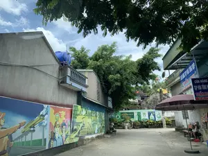 Đây là khung cảnh một con ngõ nhỏ tại một khu dân cư ở Việt Nam, có thể là tại Hà Lĩnh, huyện Hà Trung, tỉnh Thanh Hóa. Bên phải có một cửa hàng tạp hóa với biển hiệu ghi 'CỬA HÀNG TẠP HÓA TỔNG HỢP TUẤN LINH', địa chỉ 'ĐC: TIỂU KHU 2 - HÀ LĨNH - HÀ TRUNG - THANH HÓA' và số điện thoại 'ĐT: 0865.147.2...'. Dưới một chiếc ô lớn màu đỏ mận, một người phụ nữ lớn tuổi đang ngồi trên ghế thấp, phía trước có vài chiếc chậu. Bên trái, một bức tường dài được trang trí bằng những bức bích họa lớn theo phong cách cổ động, mô tả các cảnh lao động sản xuất như công nhân xây dựng cầu, hình ảnh người thợ mỏ, người lính, và nông dân làm việc trên đồng ruộng. Trên đầu hồi của một ngôi nhà bê tông có khắc năm '1995' và một bồn chứa nước màu xanh được đặt trên mái. Ở phía xa hơn trong ngõ là các tấm áp phích tuyên truyền về bảo vệ môi trường với các khẩu hiệu như 'Giữ Ngày Mai' và 'KHI THẢI CÔNG NGHIỆP GÂY Ô NHIỄM MÔI TRƯỜNG'. Bầu trời trong xanh, có mây trắng và cây cối xanh tươi.。（日本語訳）。これはベトナムのある住宅街の小さな路地の光景で、おそらくタインホア省ハチュン県ハリンにあるものです。右側には「トゥアンリン総合雑貨店」、住所「住所：タインホア省ハチュン県ハリン第2小区」、電話番号「電話：0865.147.2...」と書かれた看板のある雑貨店があります。ワインレッドの大きな傘の下で、年配の女性が低い椅子に座っており、その前にはいくつかの鉢があります。左側には、プロパガンダ様式の大きな壁画で装飾された長い壁があり、橋を建設する労働者、鉱山労働者の姿、兵士、そして田畑で働く農民といった生産労働の場面が描かれています。あるコンクリートの家の妻壁には「1995」年と刻まれており、屋根の上には青い貯水タンクが置かれています。路地のさらに奥には、「明日を守ろう」や「産業廃棄物が環境汚染を引き起こす時」といったスローガンが書かれた、環境保護に関するプロパガンダのポスターがあります。空は澄み切った青色で、白い雲があり、木々は青々としています。