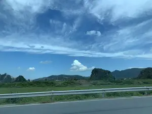 Bức ảnh chụp phong cảnh vùng nông thôn, có thể được chụp từ một phương tiện đang di chuyển trên đường. Ở tiền cảnh là một phần của con đường và một hàng rào chắn (lan can) bằng kim loại. Phía sau hàng rào là một cánh đồng cỏ xanh mướt. Ở hậu cảnh là những dãy núi đá vôi trập trùng, một đặc điểm địa hình phổ biến ở khu vực Thanh Hóa. Bầu trời trong xanh, có nhiều mây trắng. Không có hoạt động cụ thể nào của con người được ghi lại, ngoại trừ việc di chuyển trên đường. Không có văn bản hay biển báo nào có thể đọc được.。（日本語訳）。田舎の風景を撮影した写真で、おそらく道路を移動中の乗り物から撮影されたものです。前景には、道路の一部と金属製のガードレール（手すり）があります。ガードレールの後ろには、青々とした草の野原が広がっています。背景には、タインホア地方でよく見られる地形的特徴である、起伏のある石灰岩の山々があります。空は青く澄んでおり、白い雲が多く浮かんでいます。道路上の移動を除いて、特定の人間活動は記録されていません。読み取れる文字や標識はありません。