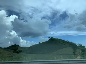 Bức ảnh chụp một khung cảnh đồi núi ở vùng nông thôn, có khả năng là ở Thanh Hóa. Địa điểm này là một khu vực nông nghiệp, cụ thể là những quả đồi được bao phủ hoàn toàn bởi các cánh đồng dứa. Cây dứa được trồng thành hàng, phủ xanh các sườn đồi. Bầu trời phía trên trong xanh, có nhiều đám mây lớn màu trắng và xám. Ở phía trước, có một lan can đường bằng kim loại, cho thấy bức ảnh được chụp từ một phương tiện đang di chuyển trên đường. Có một vài cây xanh mọc rải rác trên đỉnh đồi và một con đường đất nhỏ uốn lượn lên sườn đồi. Không có người hay chữ viết nào có thể nhìn thấy trong ảnh.。（日本語訳）。写真は、おそらくタインホア省の、田舎の丘陵地帯の風景を撮影したものです。この場所は農業地帯であり、具体的には、丘はパイナップル畑で完全に覆われています。パイナップルの木は列をなして植えられ、丘の斜面を緑に覆っています。上の空は青く澄んでおり、白や灰色の大きな雲がたくさんあります。手前には金属製のガードレールがあり、写真が道路を移動中の乗り物から撮影されたことを示しています。丘の頂上には数本の緑の木が点在しており、小さな未舗装の道が丘の斜面を曲がりくねって上っています。写真には人や文字は見当たりません。